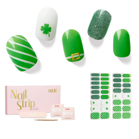NAILOG Green Semi Cured Gel Nail Strips for St. Patrick's Day, 34pcs Salon-Quality Irish Pride Nail Art Wraps