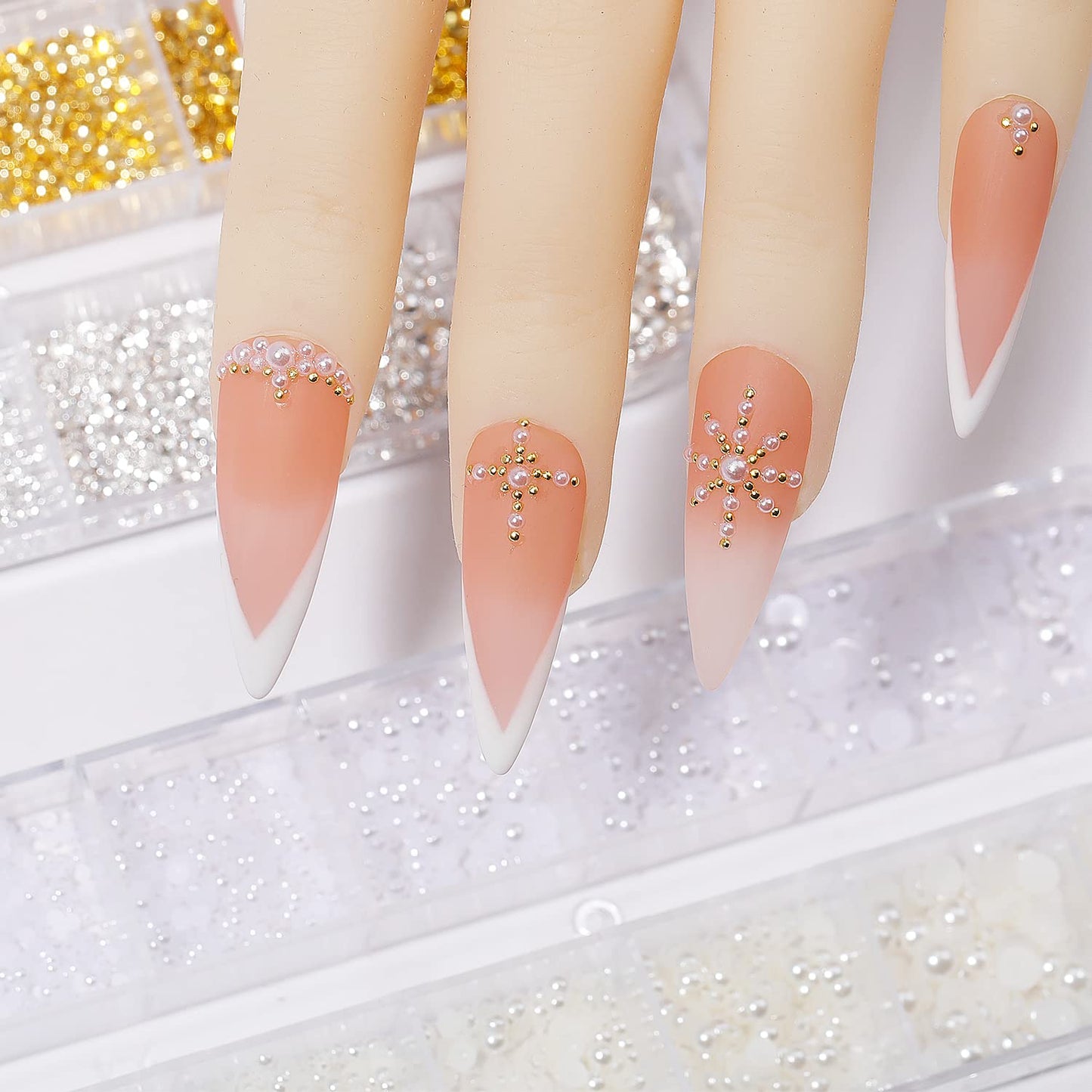 HNUIX Nail Art Charms - Metal Silver & Gold Beads, Flat Back Round Rhinestones, Small Nail Pearls, 3D Mixed Sizes Decorations for Nails