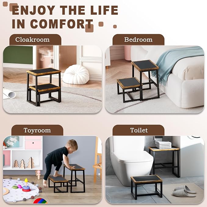 Step Stool for Adults,Holds up to 500Lb,3 in1 Heavy Duty Sturdy Two StepStools for Kichen/Bathroom/High beds, Wooden&Metal Frame, Non-Slip Pads