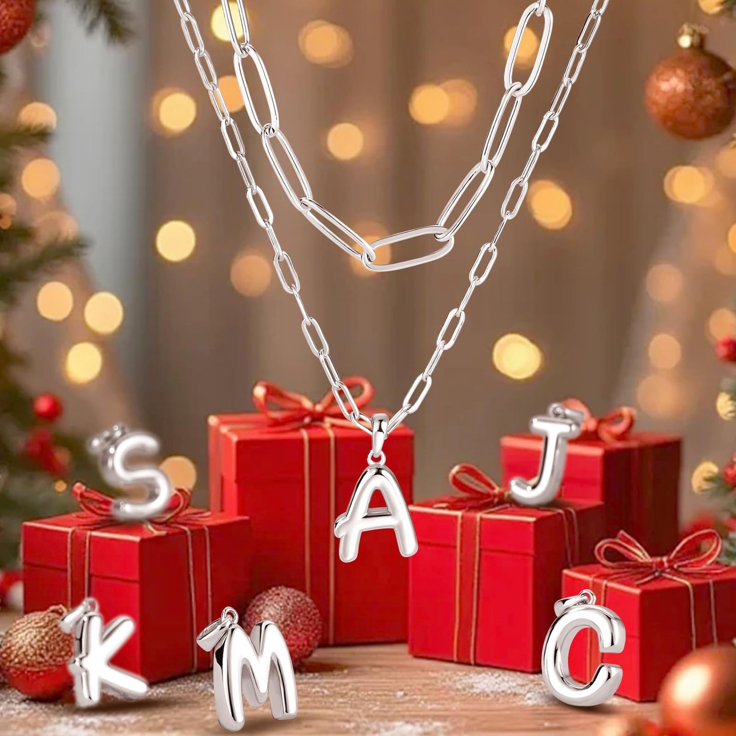 adoyi Silver Initial Necklace for Women 14k Gold Plated Layered Bubble Letter Necklaces Trendy Jewelry Chain Name E Pendant Necklace Stack Birthday Valentines Gifts