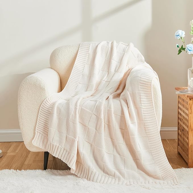 CozeCube Check Knit Throw Blanket, Cream White Checkered Throw for Couch, Decorative Christmas Soft Cozy Warm Knitted Blanket for Bed Sofa Living Room, 50"X60"