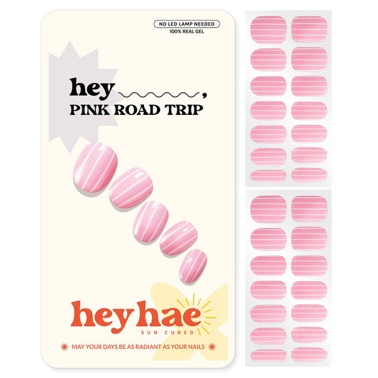 Heyhae Semi Cured Gel Nail Strips | No LED Lamp Needed |Pink, Valentines | Easy Apply & Remove, Salon Quality | Includes 28 Strips, 1 Prep Pads, Nail File & Wooden Stick - Hey, Pink Road Trip