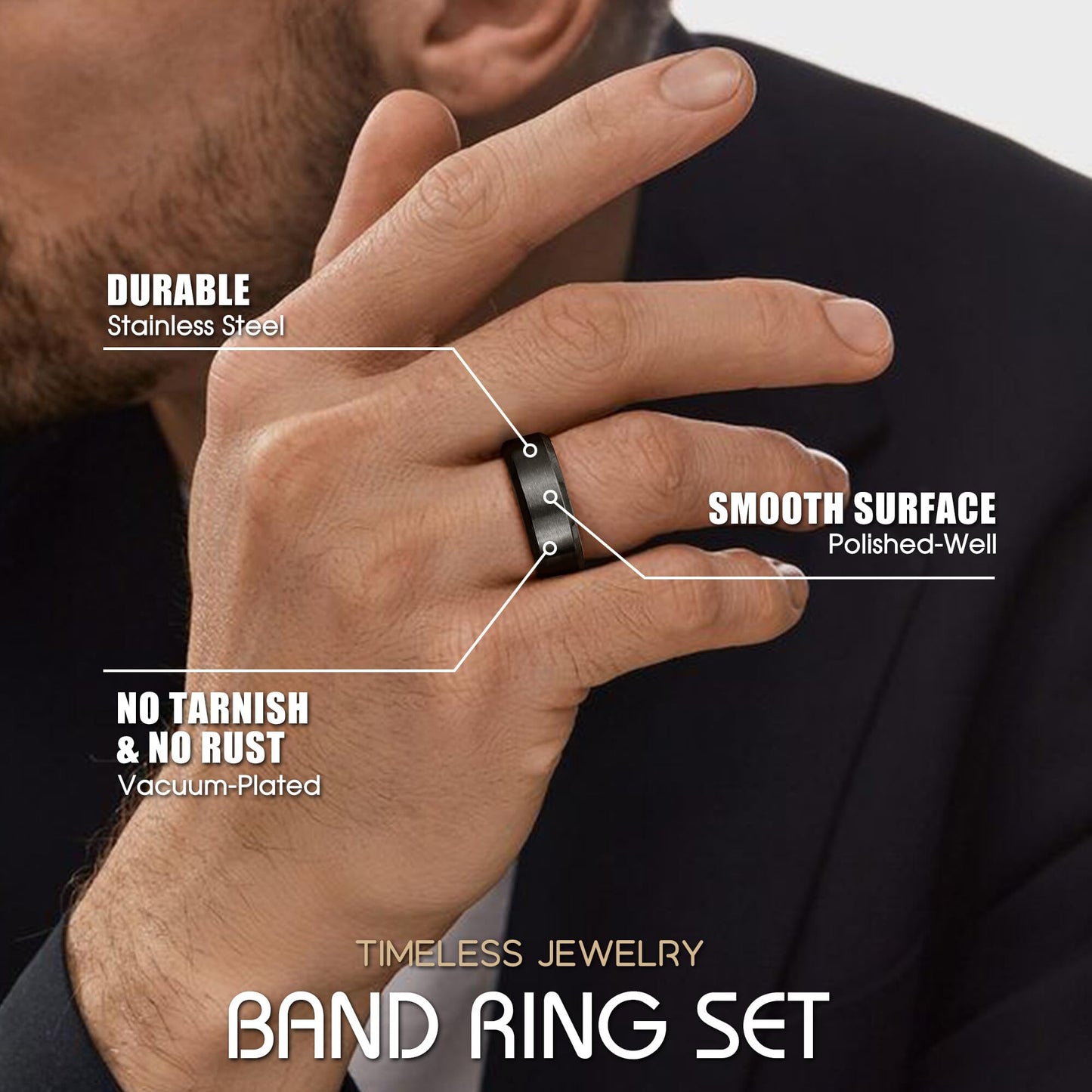Jstyle Stainless Steel Rings for Men Women 8MM Wedding Band Rings Matte Surface - Beveled Polished Edge Mens Ring Size 9.5 Black Ring for Men