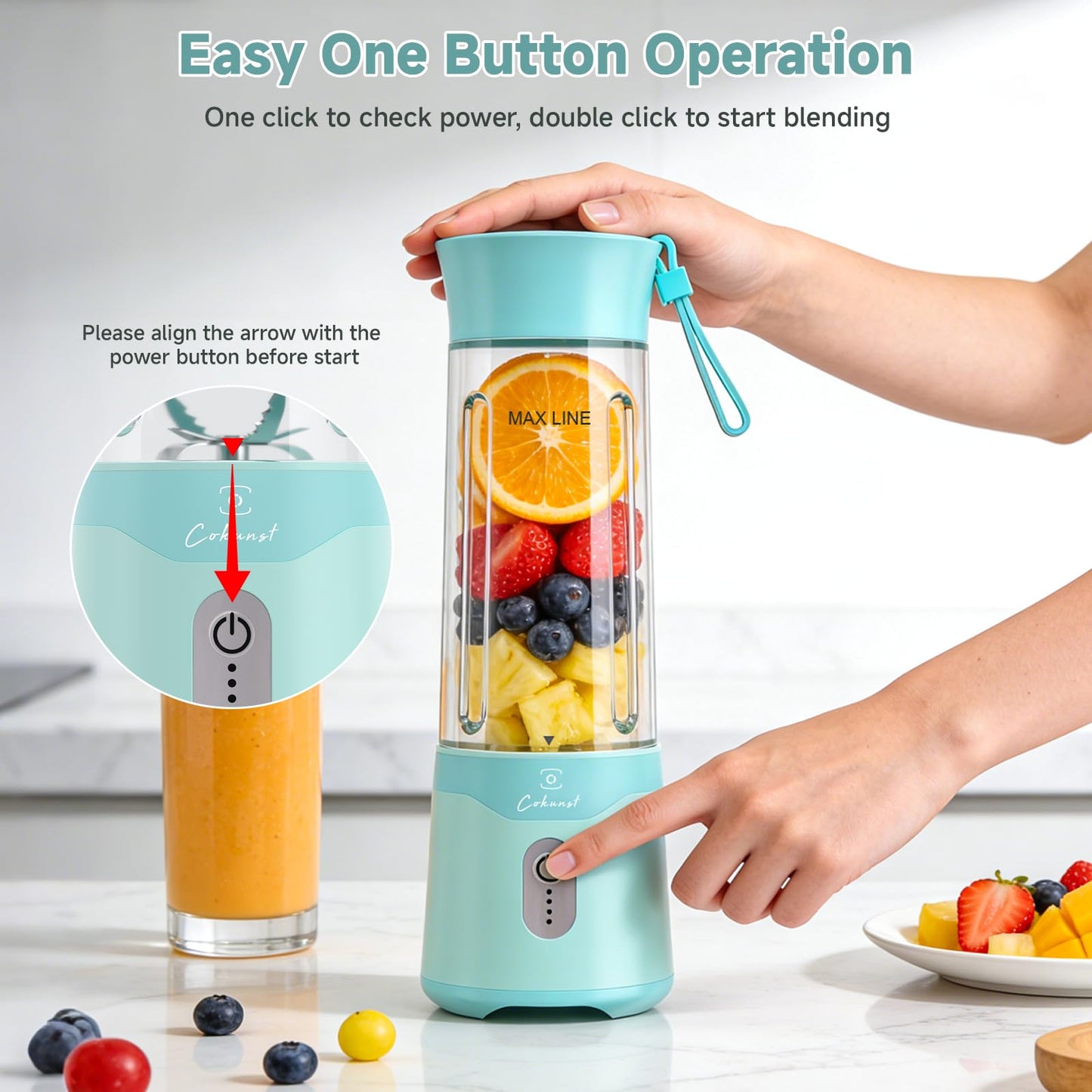COKUNST Portable Blender, USB C Rechargeable Personal Blender, Small Smoothie & Shake Maker with 6 Blades, Compact Travel Mini Juicer Cup with Extra Lid for Home, Gym, Office, 18oz, Green