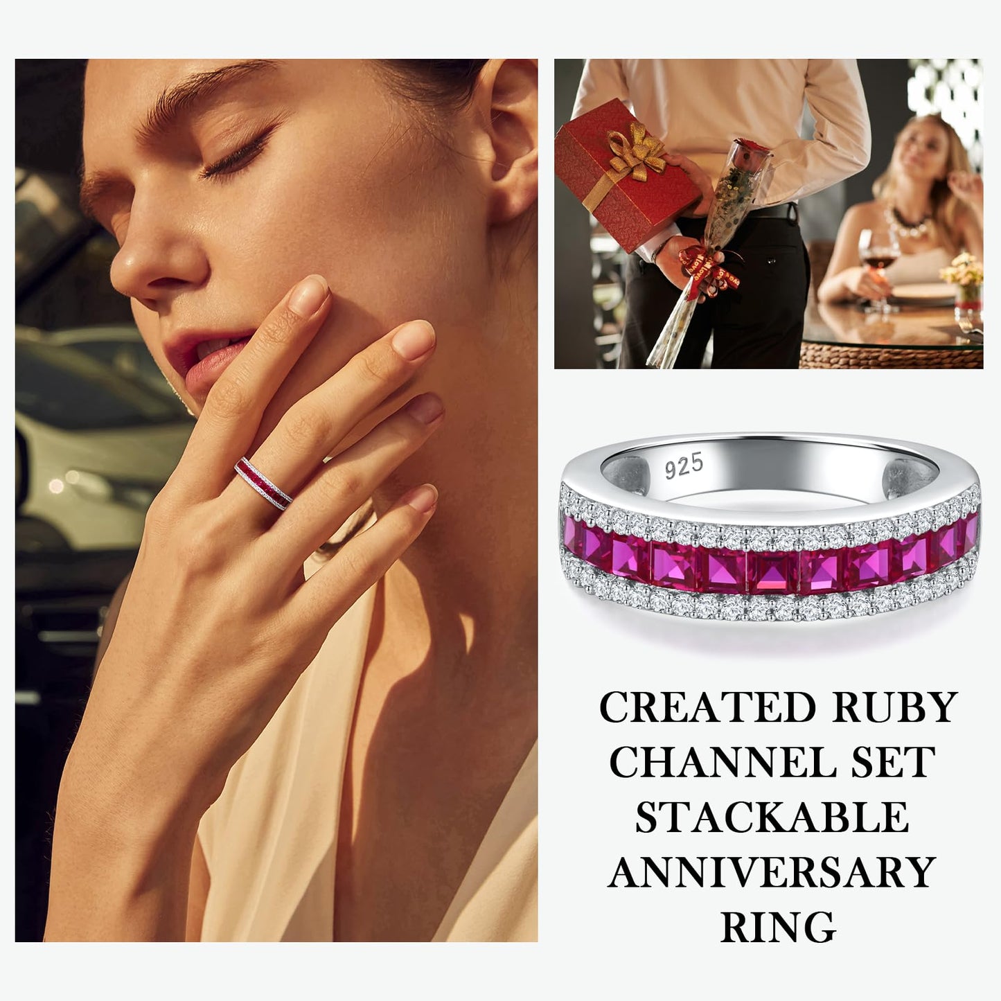 RANDES Red Gemstone Ring Sterling Silver Anniversary Bands for Women 5mm Wide Channel Set Half Eternity Wedding Band Ruby Birthstone Rings Size 9