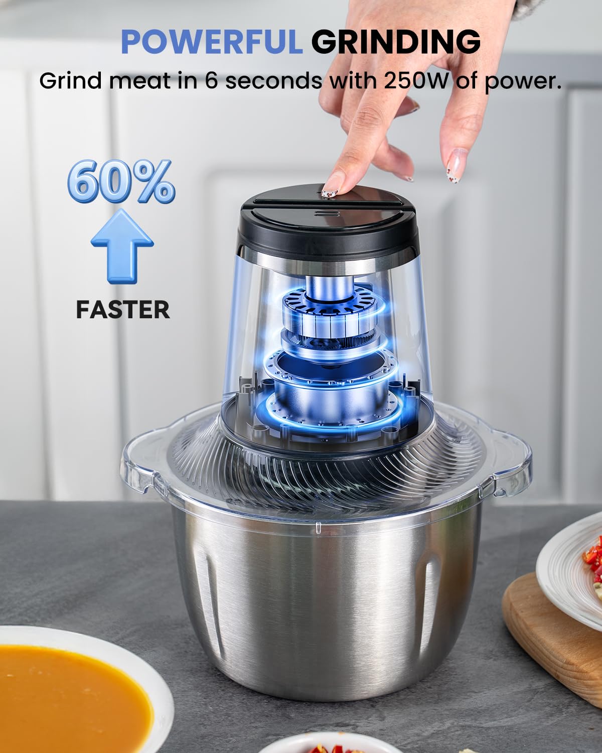 LINKChef Food Processor Small, 6 Cup Food Chopper with Container, 1.5L 250W Electric Meat Grinder for Home Use, Stainless Steel Mini Food Processor for Kitchen, Vegetable, Onion, Garlic, Salad