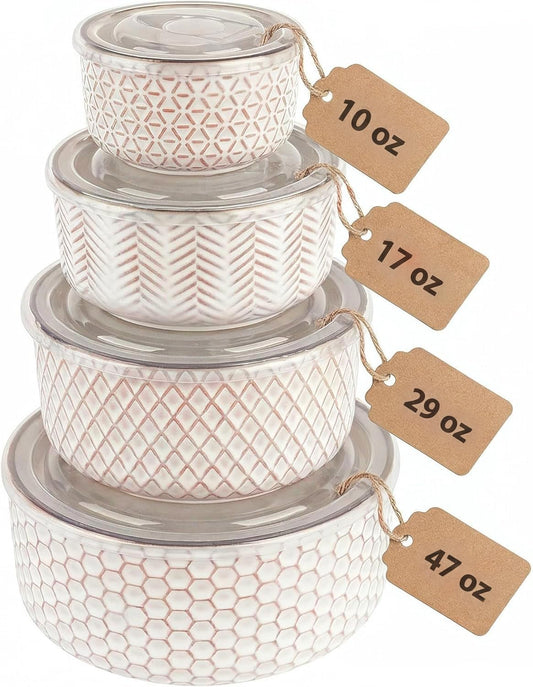 KooK Serving Bowls, with Lids, Ceramic Nesting Bowls, Set of 4, Embossed, Kitchen, Prep, Stackable, Gift, Microwave and Dishwasher Safe, 10/16/29/47 oz, Narbonne Collection (Ivory)