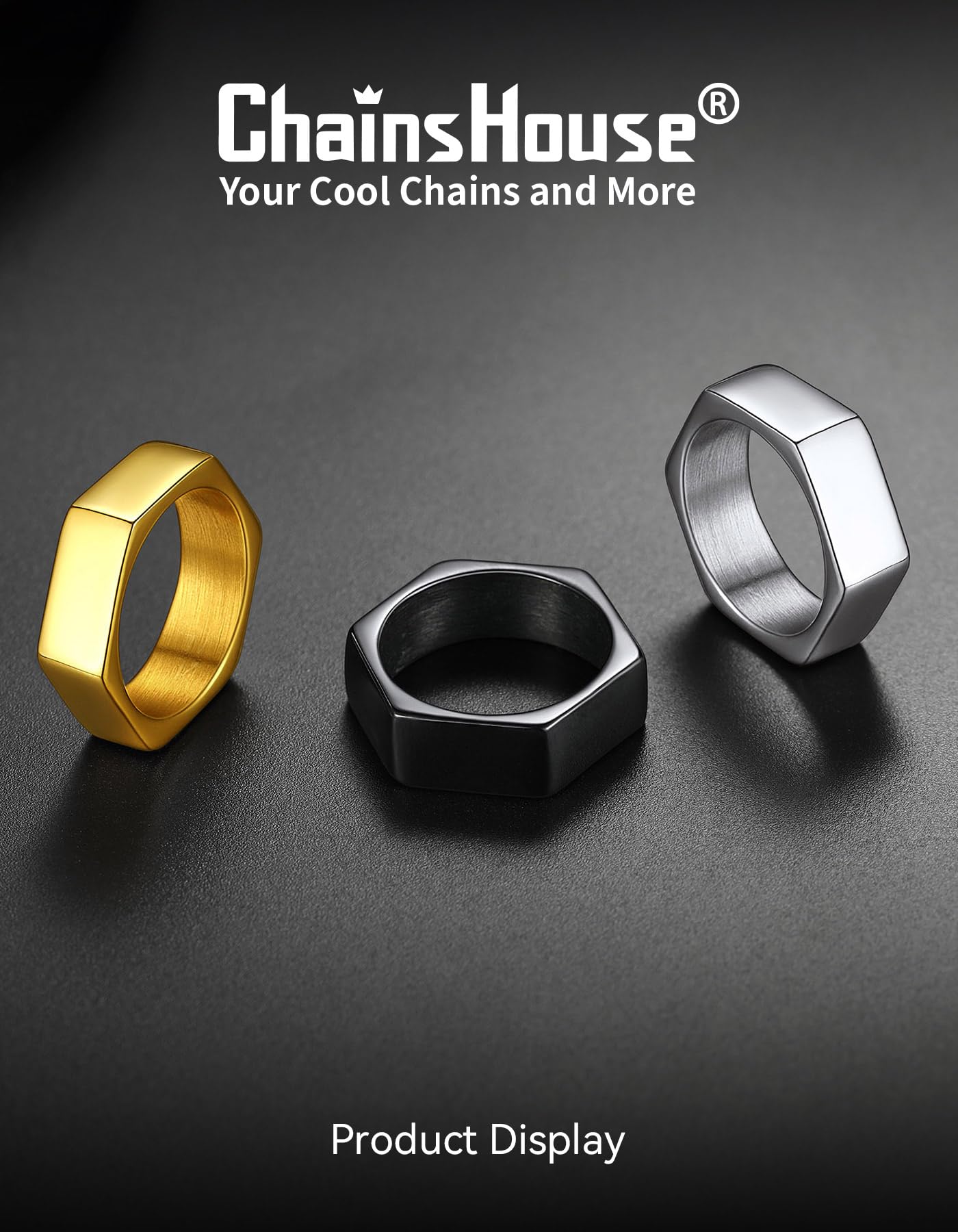 ChainsHouse Gold Hexagon Geometric Ring for Men Women, Cool Punk Hip Hop Biker Band Rings(Size 14)
