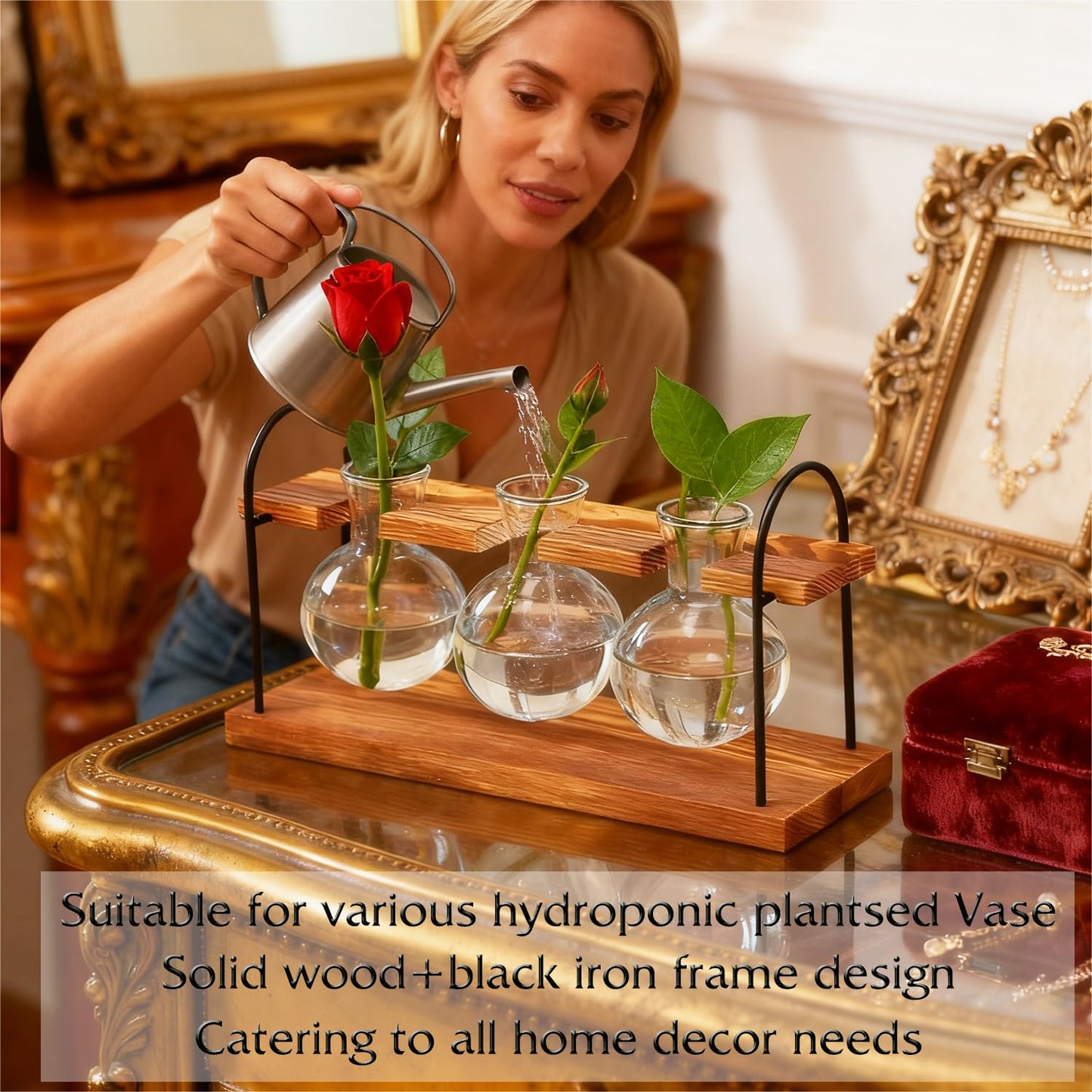 Plant Terrarium with Wooden Stand, The Ultimate Gift for Plant Lovers, Propagation Station with Retro Glass Bulbs, Creating a Stunning Tabletop Display of Hydroponic Greenery in Any Home or Office