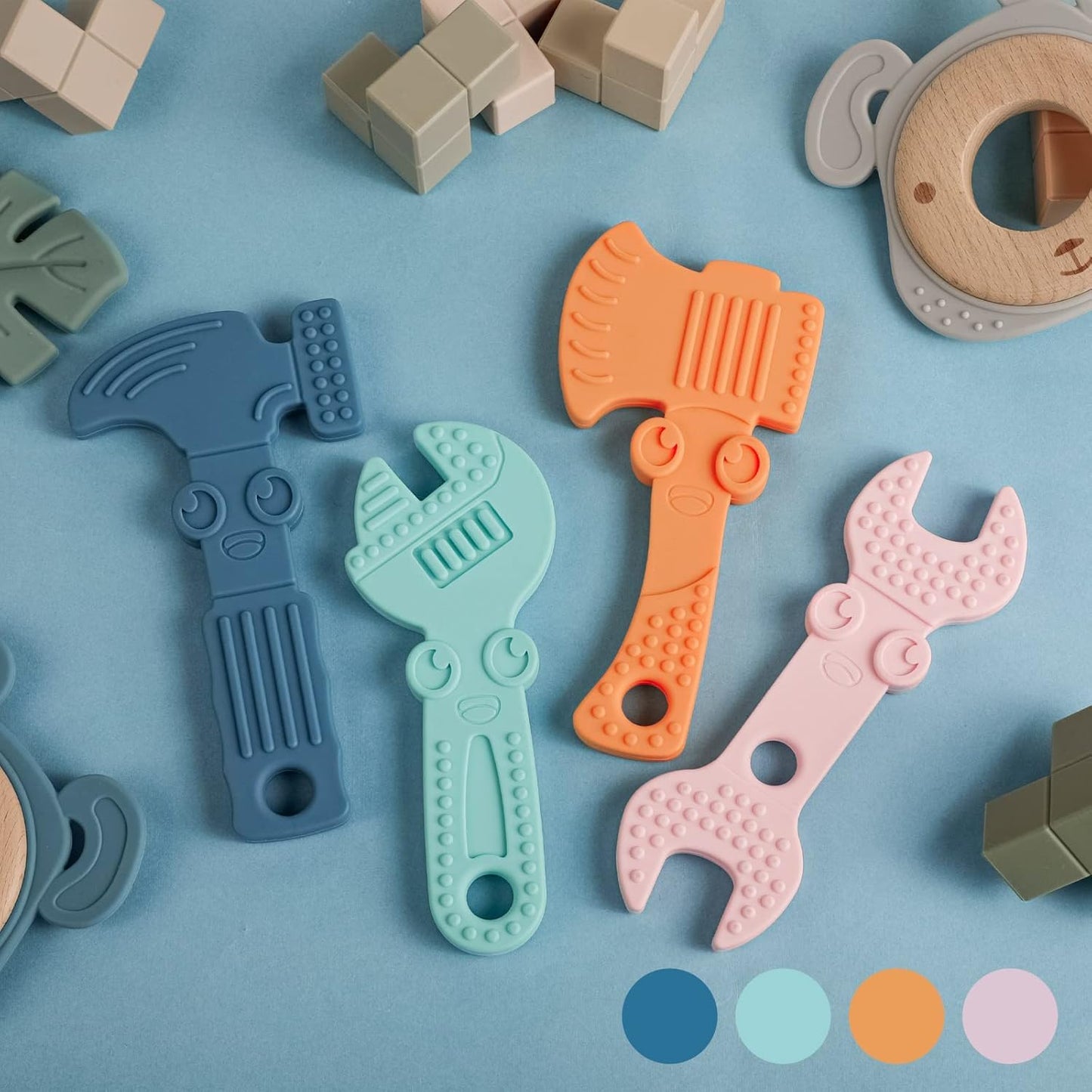 TYRY.HU Baby Teething Toys for Babies, Baby Teether Toys, BPA Free Silicone Baby Molar Teether Chew Toys, Hammer Wrench Spanner Pliers for Boys Girls, Soft-Textured, Easy to Hold & Clean, 4 Packs