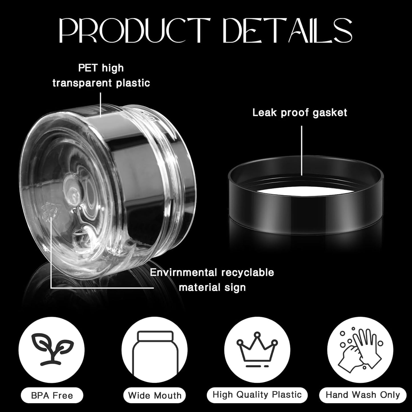 SATINIOR 100 Pcs Plastic Jars with Lids Small Containers Lids Wide Mouth Small Plastic Containers for Lotion Cream Rhinestones Body Butters Travel Storage(1 oz,Black)