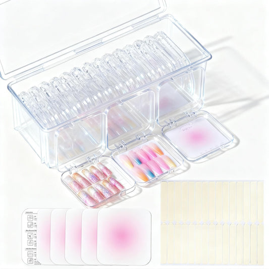 PZSZMIAO 15PCS press-on nail storage set includes 1 Clear Organizer, 14 Nail Display Case Fake Nail Instructions and Double Sided Adhesive Artificial False Nail Box Acrylic Organizer Nail Case