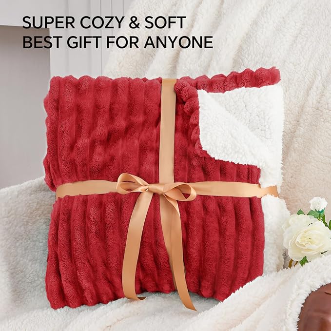 INFIIXSO Sherpa Fleece Queen Size Blanket - Super Soft & Warm Striped Fleece, Cozy Plush Fluffy Large Bed Blanket All Season Use (Red, 90x90 Inches)