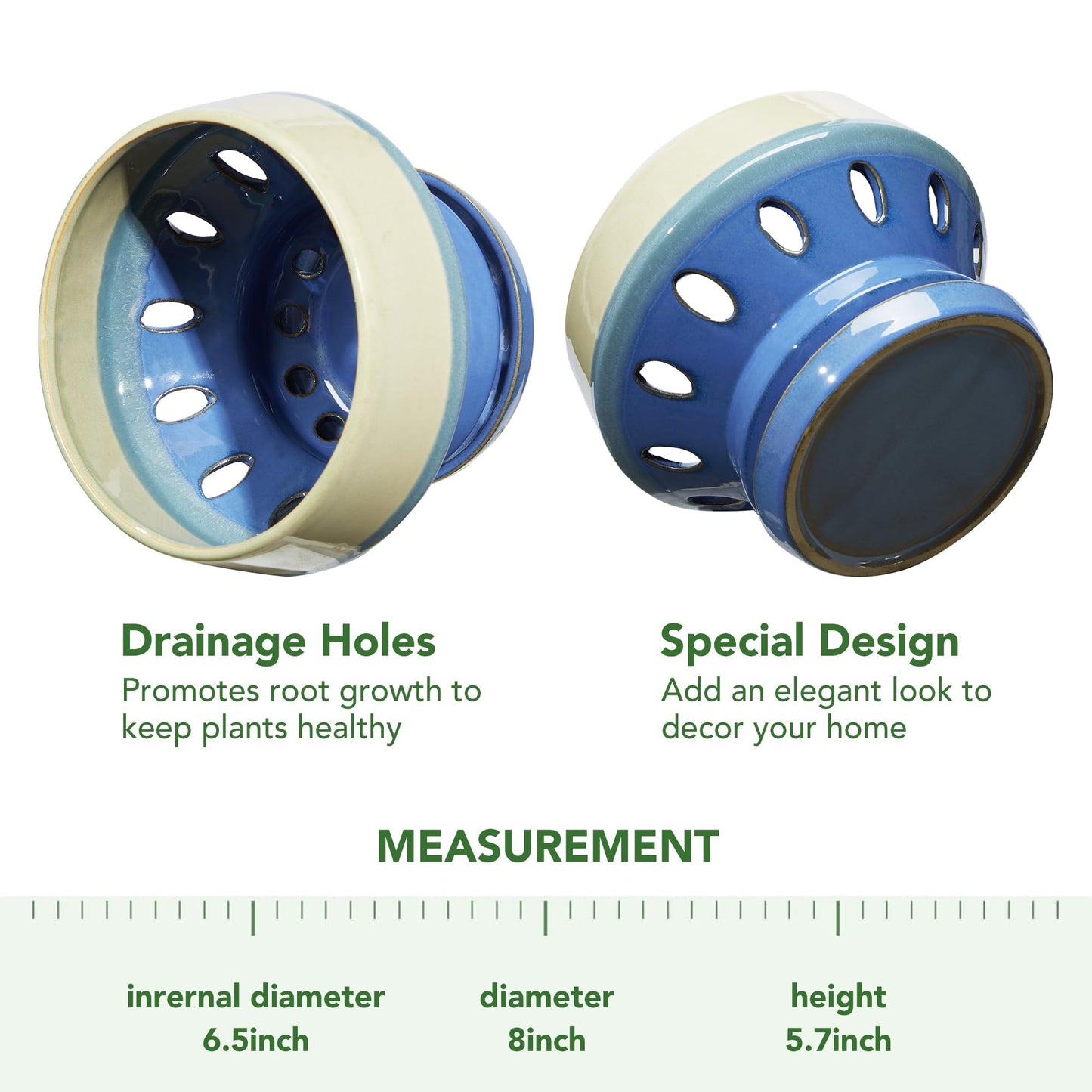 Gepege 6.5 Inch Orchid Pots with Holes for Indoor Plants, Plant Pots with Drainage Hole, Ceramic Flower Planter with Saucers, Blue Ceramic Planter