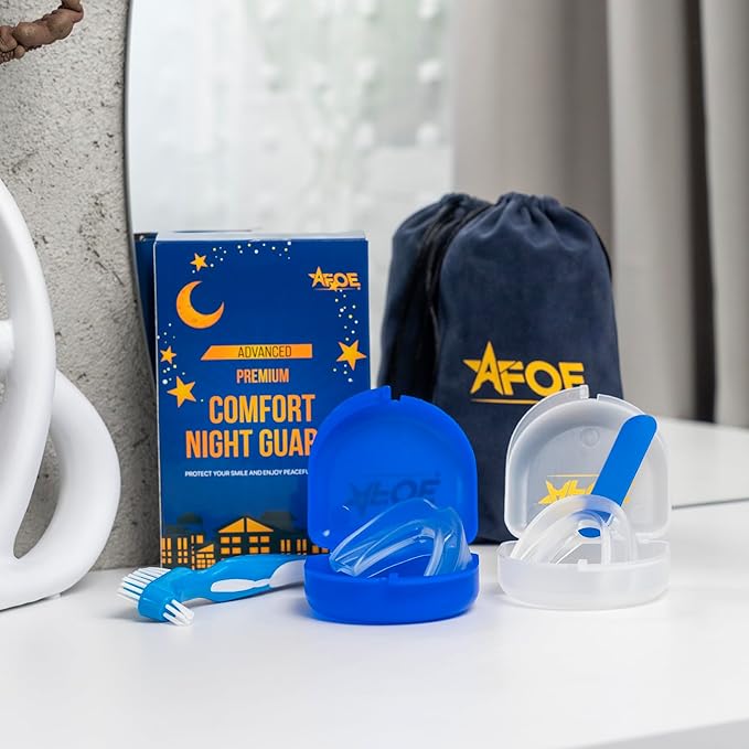 2-Pack Dual-Mold Bruxism Night Guards, Premium Comfort for Teeth Grinding & TMJ Relief (Clear & Blue), BPA & Latex-Free, Custom Dental Guards, Travel Cases & Brush – by AFOE