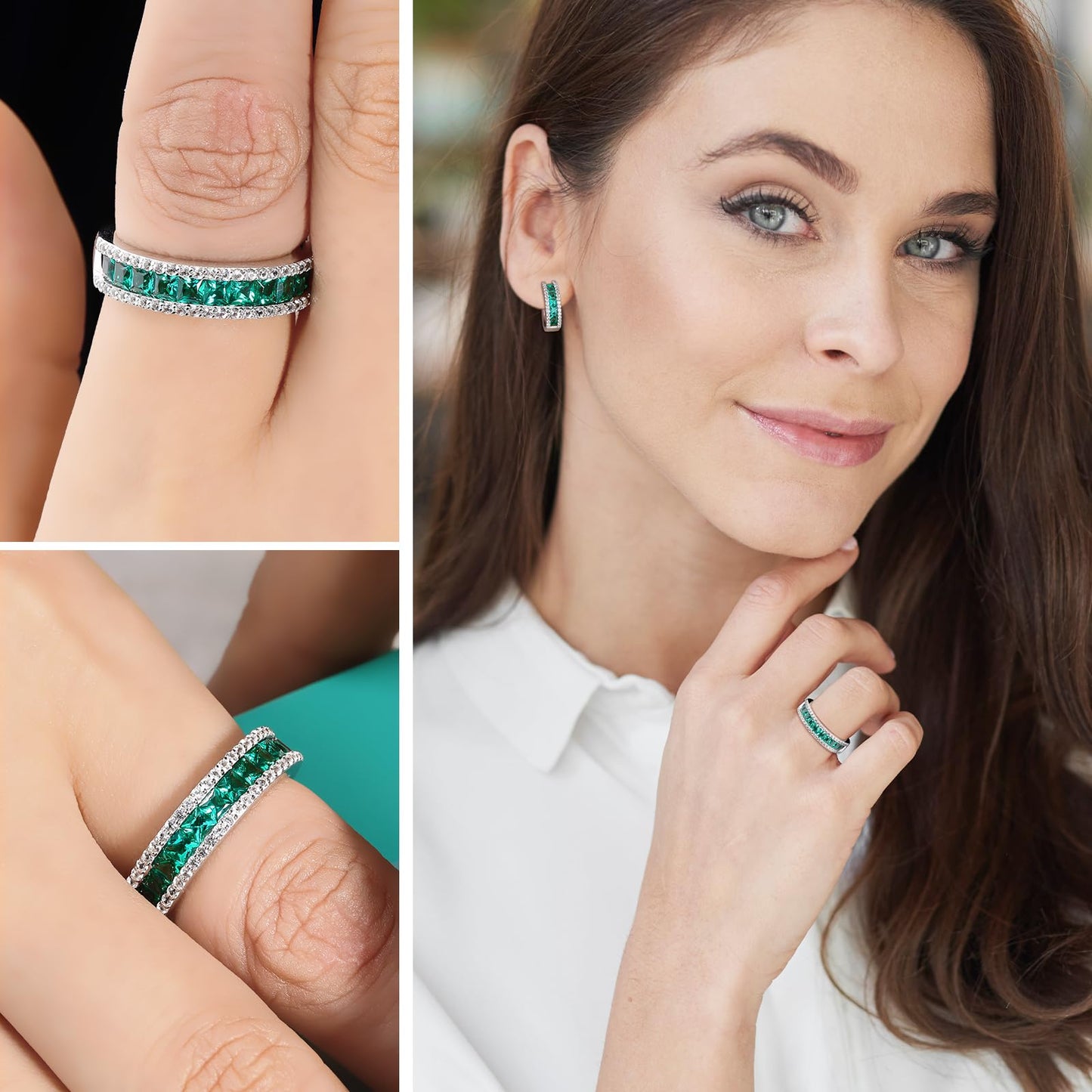 RANDES Emerald Promise Rings for Her 925 Sterling Silver Created Green Stone Engagement Wedding Band Ring Anniversary Jewelry Size 6.5
