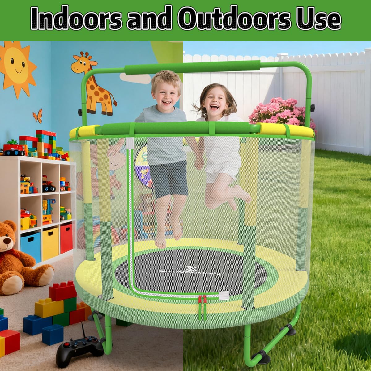 LANGXUN 60" Trampoline for Kids, 5ft Toddler Mini 6-in-1 Trampoline Indoor Outdoor with Swing, Basketball Hoop, Dart Board, Rings, Christmas Toys Birthday Gifts for Girls Boys