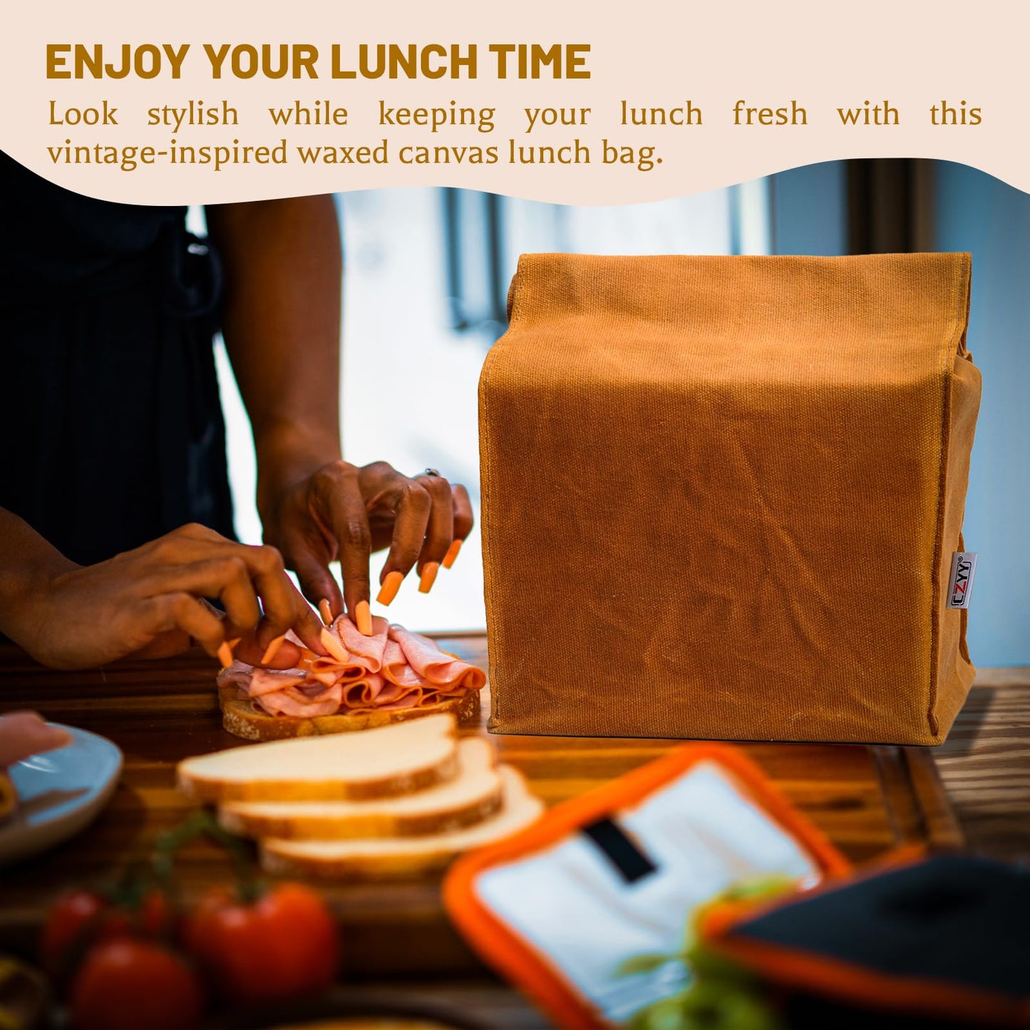 Waxed Canvas Lunch Bags Brown Paper Bag Styled - Classic Updated - Reusable and Washable, Worthbuy Lunch Box for Men & Women