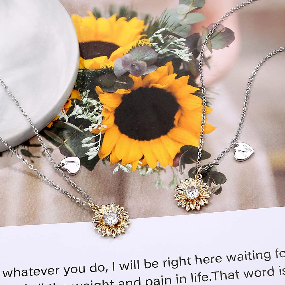 MONOZO Initial Sunflower Necklace for Women Trendy, 14k Gold Plated Sunflower Necklace Pendant CZ Heart Letter Initial Necklace You Are My Sunshine Gifts Sunflower Jewelry A