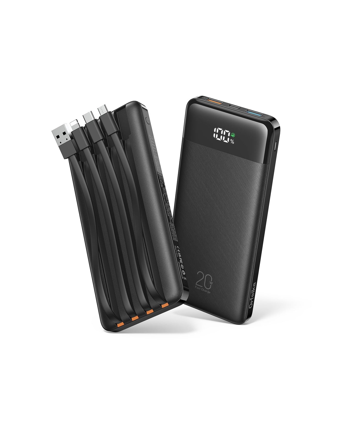 Orfeika 20000mAh Power Bank Fast Charging, Portable Charger with 4 Built-in Cables & 6 Outputs, 20W PD USB C Battery Pack Compatible with iPhone 16/15, Galaxy, Android, iPad & More (Travel Essential)