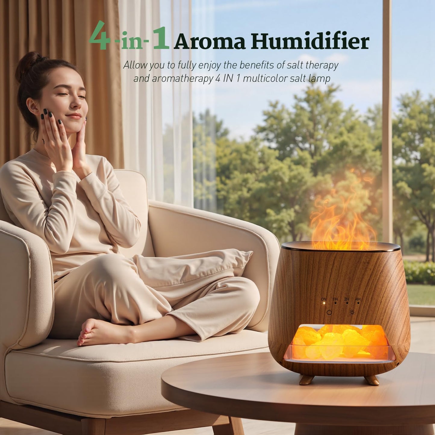 JJNJJN Essential Oil Diffuser for Home: 200ml Wood Grain Scent Diffuser - Pure Himalayan Pink Salt Rock - Cool Mist Humidifier with Auto Off Function and 9 Colors LED Light for Bedroom