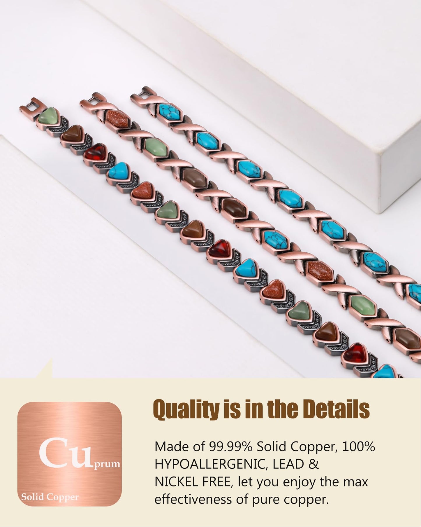 Feraco Pure Copper Bracelets for Women, Ultra Strength Magnetic Bracelet with 3800 Gauss Magnets & Natural Turquoise & Stones, Adjustable, Jewelry Gift (Ocean Whisper)