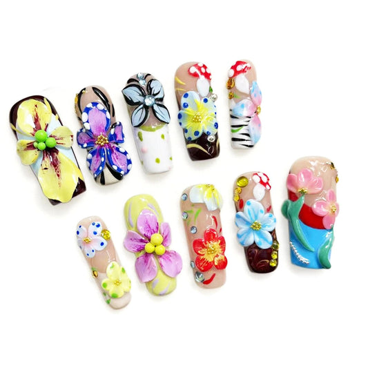 Handmade 3D Floral Art Colorful Square Press On Nails, Sweet Rhinestone Artisan Nails Set, Reusable Glossy Press-ons with Tool Kit(S)