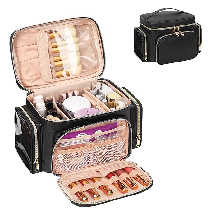 Large Makeup Bag, Portable Travel Makeup Bag Organizer for Women Girls with Makeup Brush Compartment & Two Side Pockets, Cosmetic Travel Bag Vertical Storage Toiletry Bag - Black