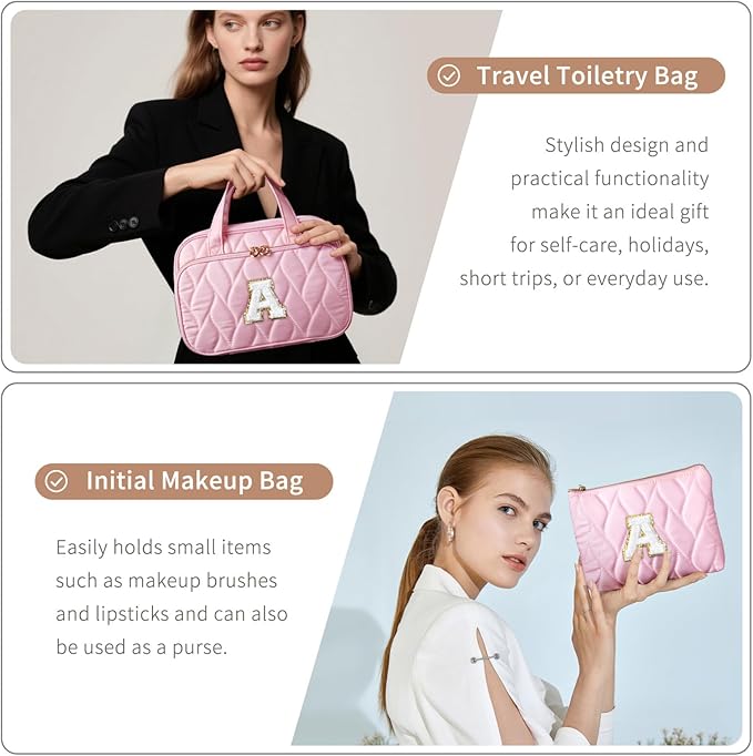 YOOLIFE Travel Toiletry Bag for Women - Hanging Toiletry Bag Initial Makeup Bag, Portable Toiletries Cosmetic Bag, Airplane Travel Essentials - Letter I, Pink