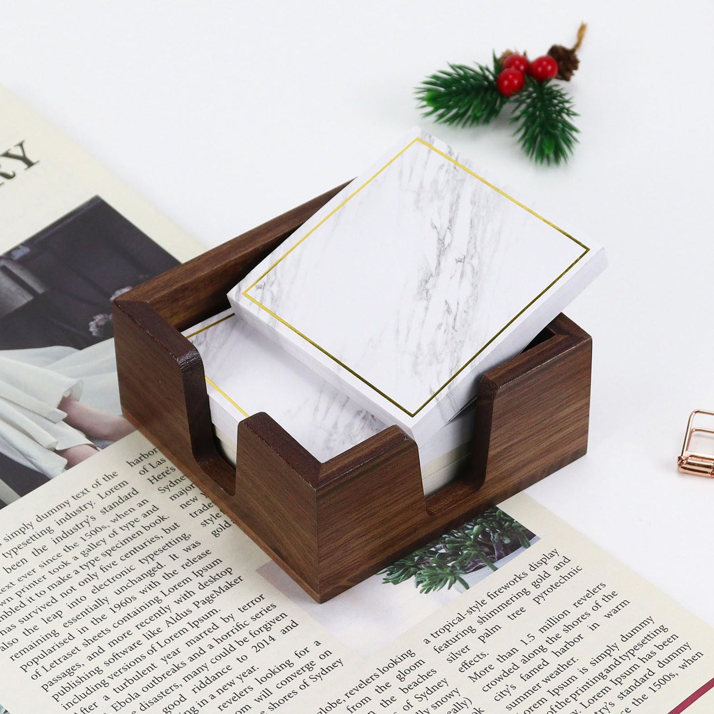 Wood Sticky Note Holder, Self Stick Note Pad Holder, Post It Note Dispenser Desk Organizer Walnut Wood Office Desk Accessories for School Office Desk Supplies - Black