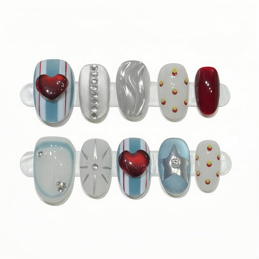 Fine Point Handmade Short Press On Nails - Heart 3D Design Cat Eye Acrylic Nails - Elegant Fake Nails Set | American Sweetheart (Size Medium)