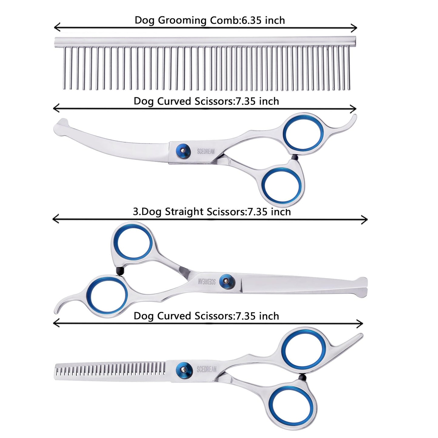 SCEDREAM Dog Grooming Scissors for Dogs with Safety Round Tips, 5 in 1 Dog Scissors for Grooming, Professional Curved Pet Grooming Shears Set for Dogs and Cats