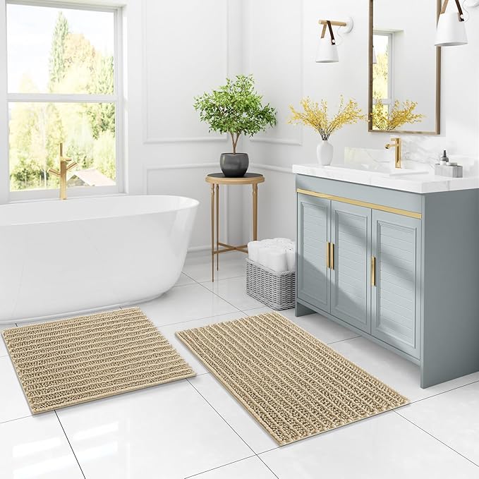 Arotive Luxury Chenille Bathroom Rug Mat, Extra Soft Thick Absorbent Shaggy Bath Rugs, Non-Slip Machine Wash Dry, Plush Bath Mats for Bathroom, Shower and Tub, 70x46, Beige