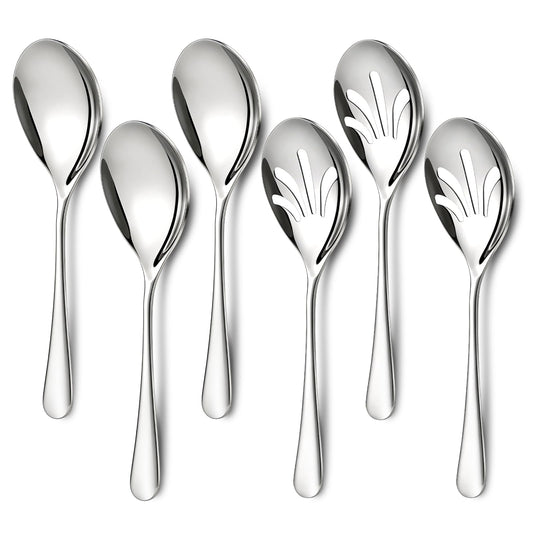 Mwellewm 6 Pcs Serving Spoons Set 9.5 Inch Large Stainless Steel Serving Spoons for Buffet Silver 3 Serving Spoons 3 Slotted Serving Spoons Dishwasher Safe for Parties Kitchen Buffet Catering Dinner