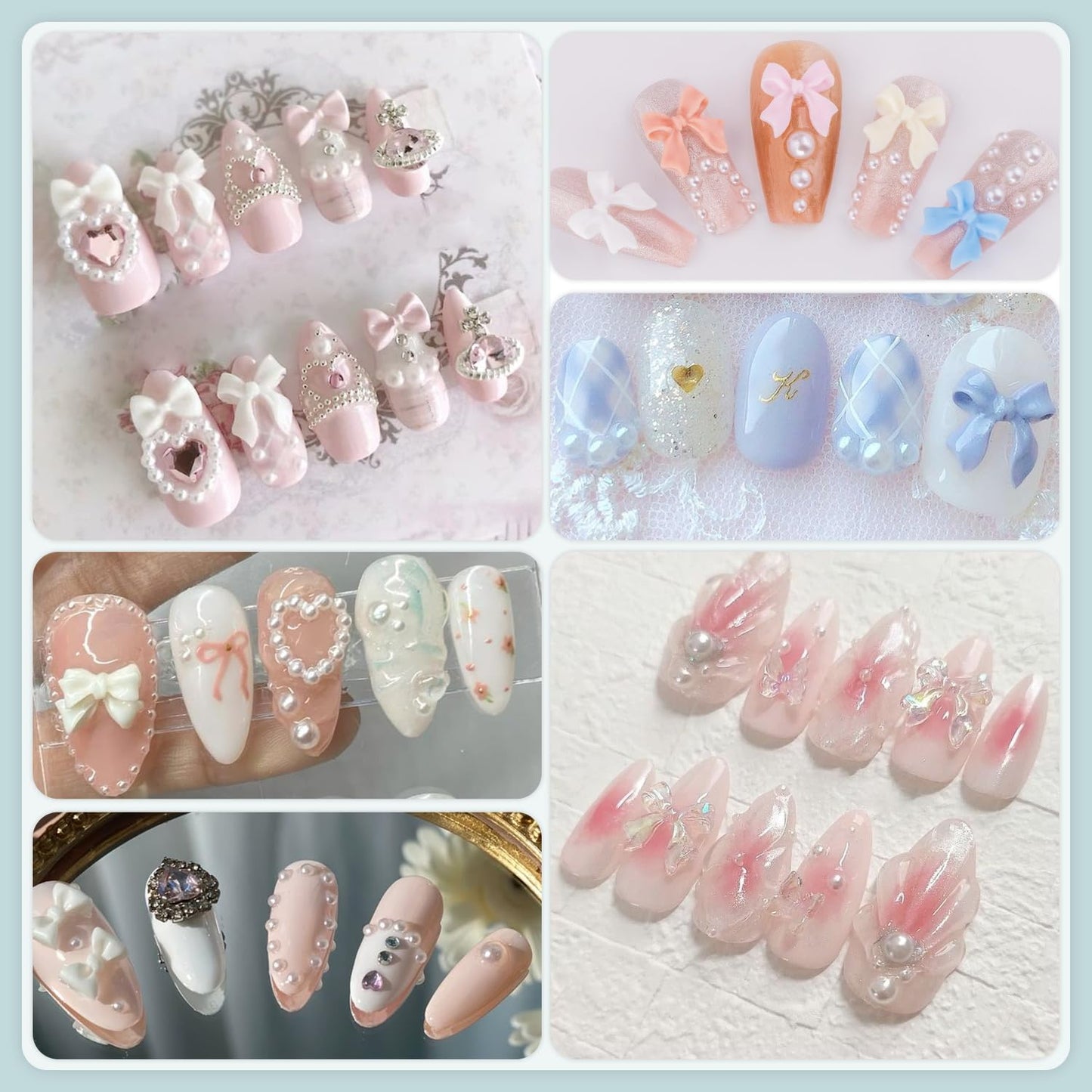 600 Pcs 3D Nail Charms and Flatback Pearls #2, Pink White Black Multi Styles Bowknot Charms + Pink&White Star Heart Nail Jewels + 2-6mm White Nail Pearls for Nail Art Design with Pickup Tools