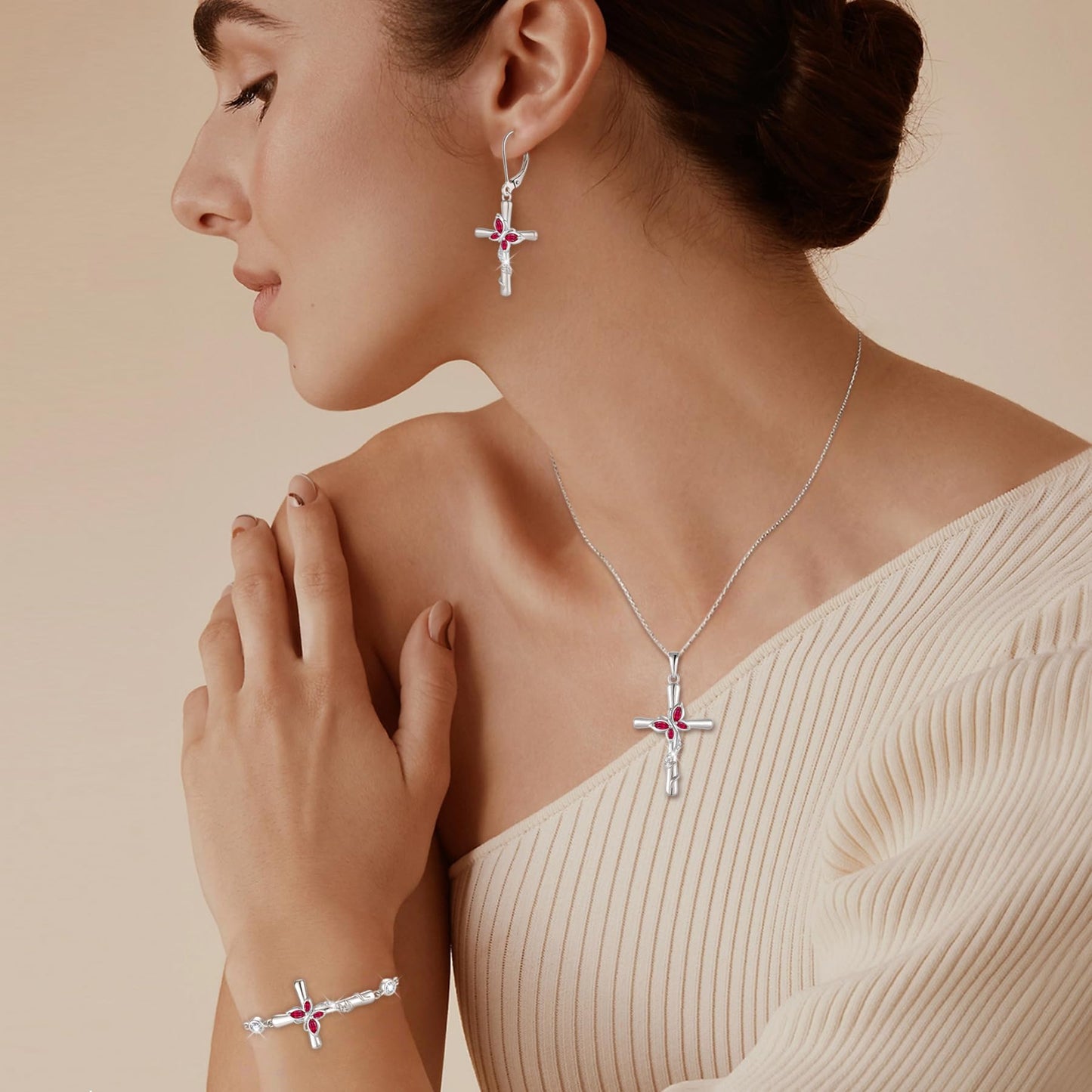 Blaniy Cross Necklace for Women 925 Sterling Silver Butterfly Necklace Ruby Pendant Necklaces July Birthstone Jewelry Gifts for Women