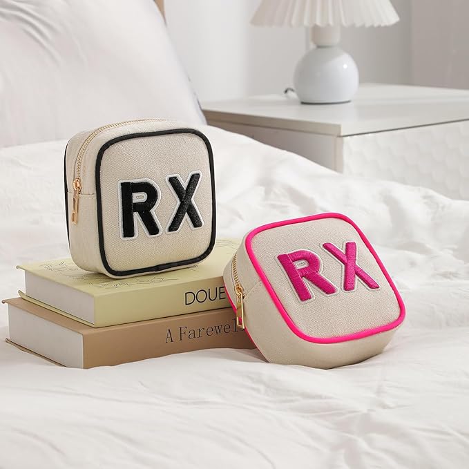 Small Canvas Rx Medicine Packages, Cute Chenille Letter Patch Drug Makeup Bag with Metal Zipper, Mini Travel First Aid Purse Organizer Machine Washable (01Beige)