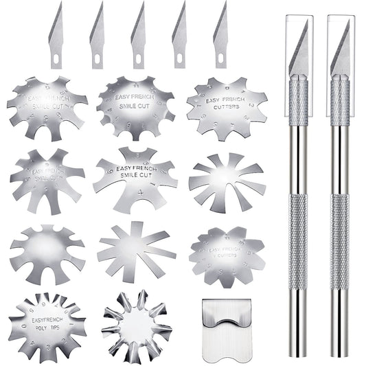 Honoson 12 Pcs French Nail Tip Cutter Tool Kit French Tip Cutters Smile Line Cutter Trimmer Manicure Edge DIY Plate Module with 2 Cutting Knife 5 Spare Blade for Acrylic Nail(Silver)