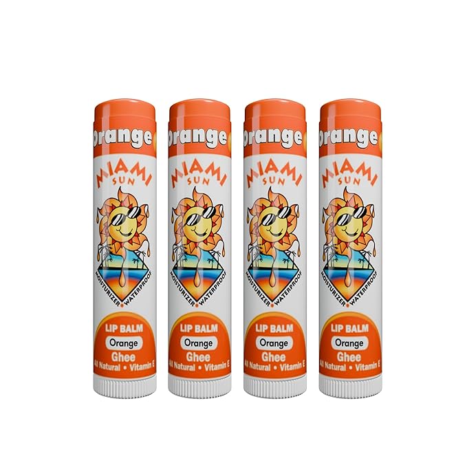 Miami Sun Natural Ghee Lip Balm, Hydrating Lip Treatment with Shea Butter & Beeswax, Organic & Non-Toxic, Best for Dry, Chapped Lips - Moisturizing, Healing, Chemical-Free Lip Repair (4 Count, Orange)