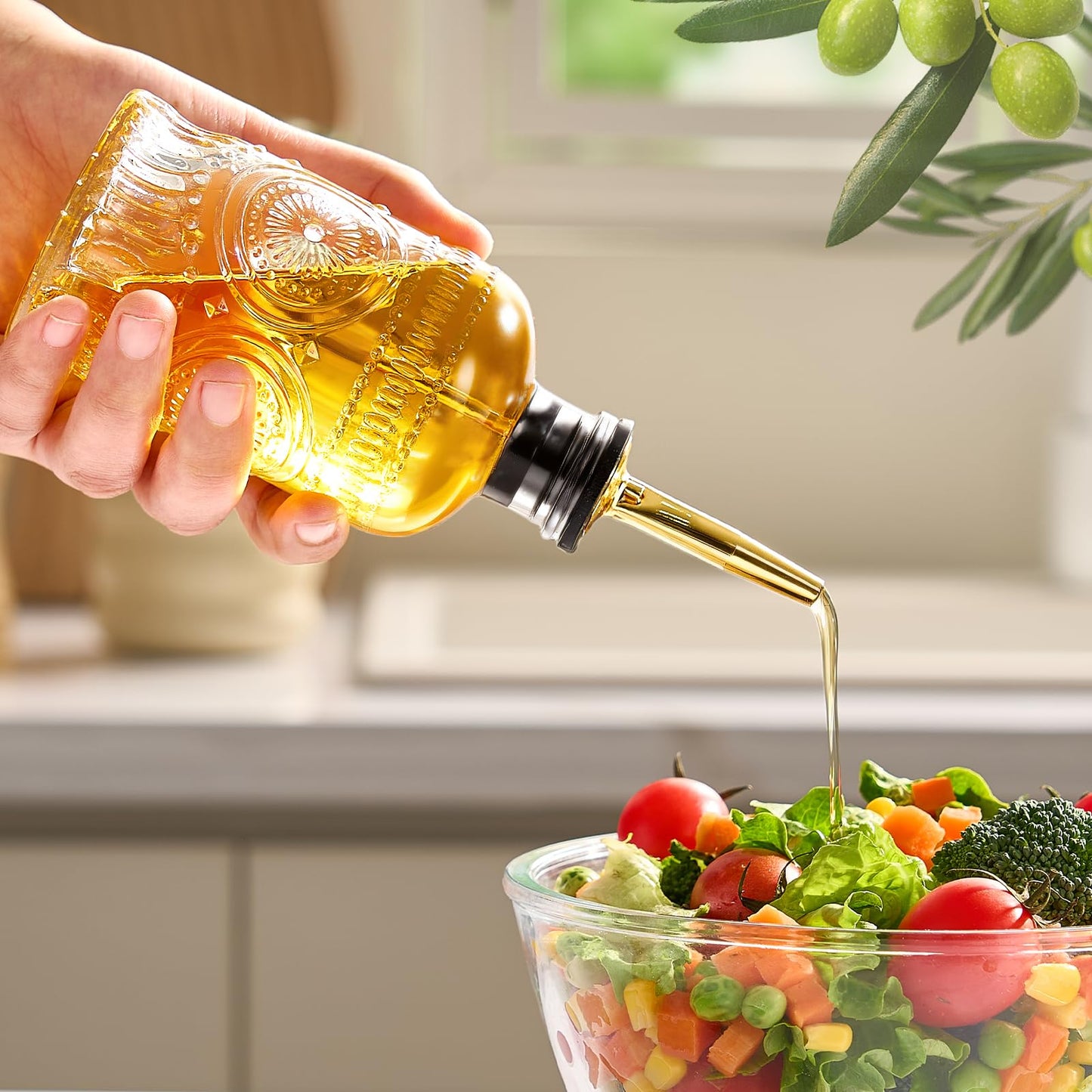 Baalaka Olive Oil Dispenser Bottle for Kitchen with Metal Spout, Glass Oil Bottles 7OZ, Elegant Glass Cooking Dispenser for Kitchen Juice Mouthwash Honey Syrup Coffee Syrup-2pcs