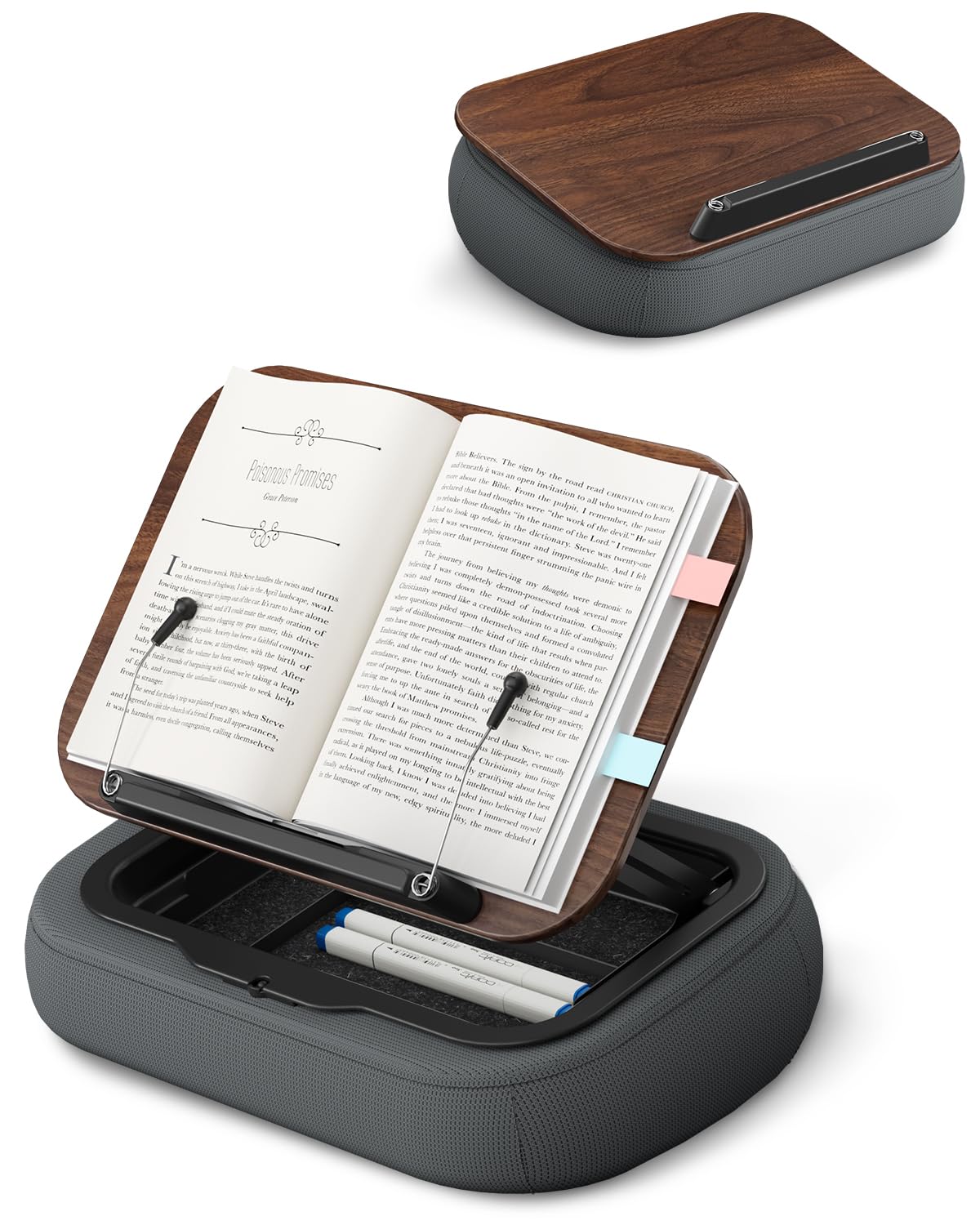 Viozon Lap Book Pillow Stand with Storage, Adjustable Beanbag Reading Pillow with Dark Wood Panel, Multi-Angle Book Holder for Hands-Free Reading in Bed or Sofa,Book Lover Essential,Soft Cushion