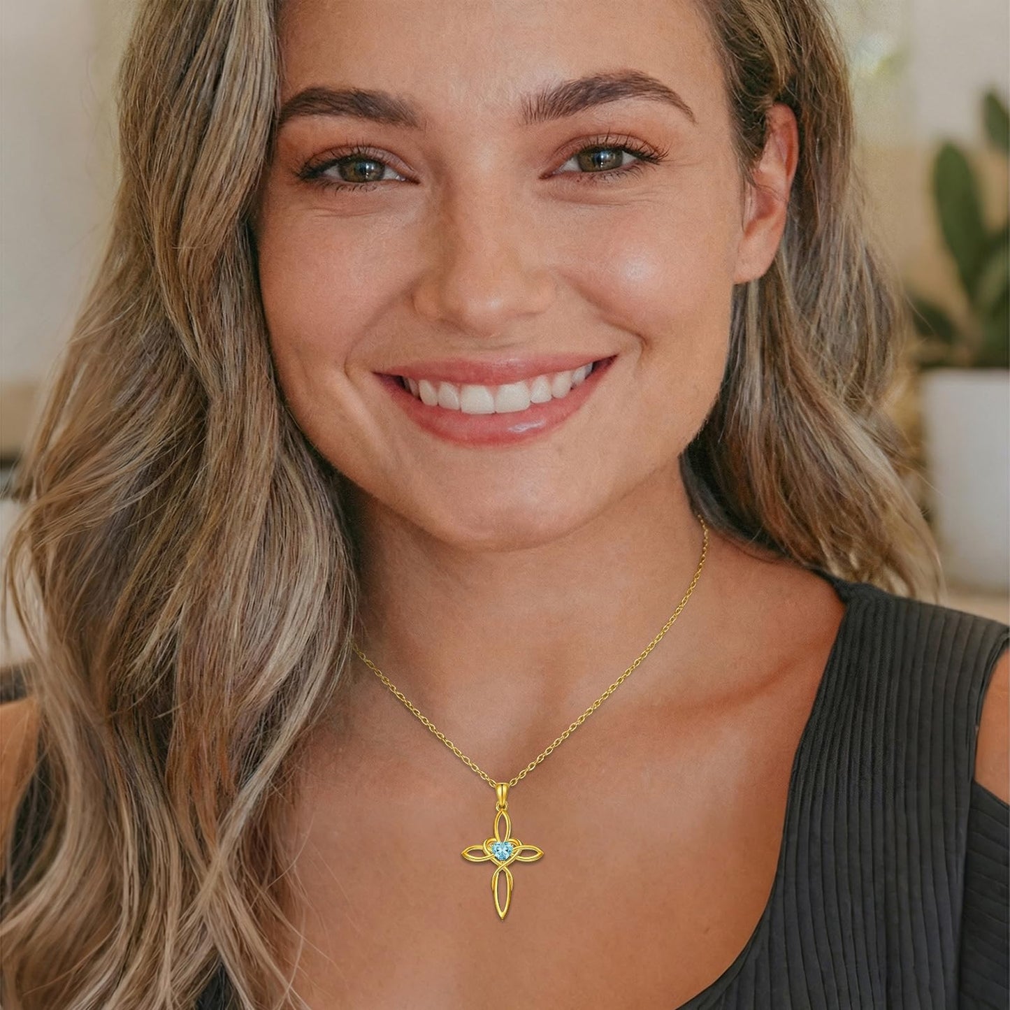 POIUY Celtic Knot Cross Birthstone Necklace for Women 14K Gold Irish Infinity Heart Pendant Cross Jewelry Anniversary Valentines Birthday Mothers Day Gifts for Mom Wife Her
