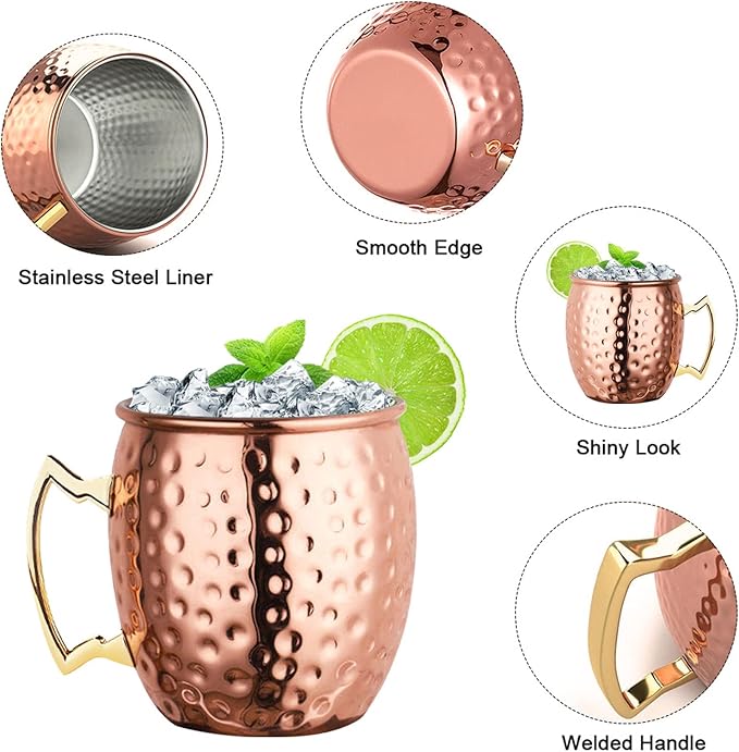 LIVEHITOP Moscow Mule Copper Mugs Set of 2, 19.5 Oz Handcrafted Copper Cups Stainless Steel Lining with Jigger, Straws, Brush, Coasters for Party, Bar, Gift