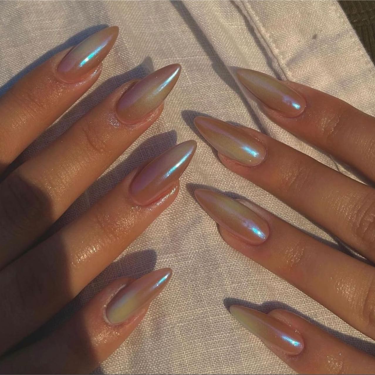 Rainbow Chrome Press on Nails Medium Almond, KQueenest Aurora Stiletto Fake Acrylic Nails with Bling Design, Cute Green Glue on Nails for Daily Party Wear, False Nails Press ons in24 PCS