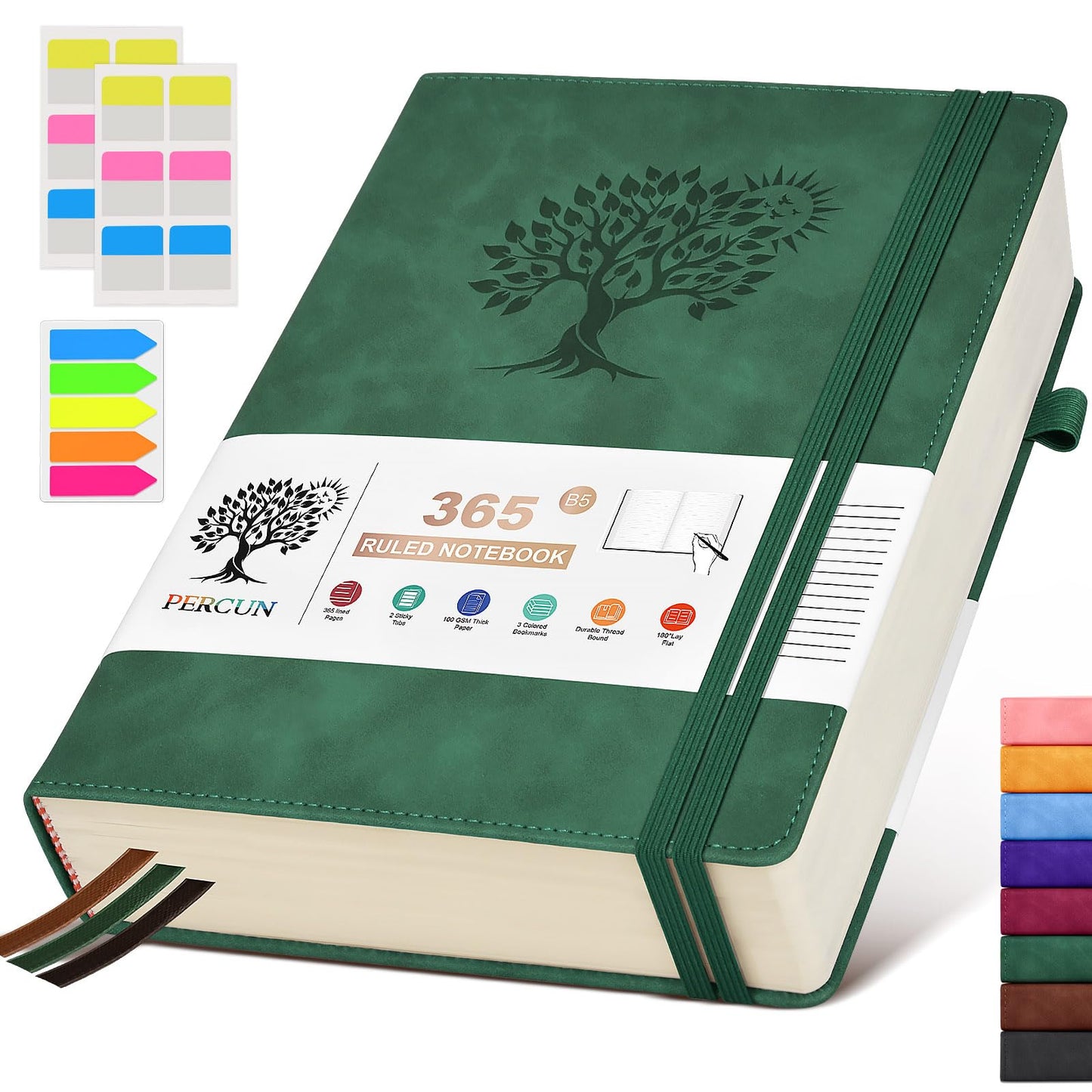 PERCUN B5 Lined Journal Notebook - 365 Page Large Leather Journals for Writing Women Men，Hardcover Notebook with 100Gsm Thick Pages，Daily Diary for Travel, Work，School，College Ruled (7.6" x 10.3")