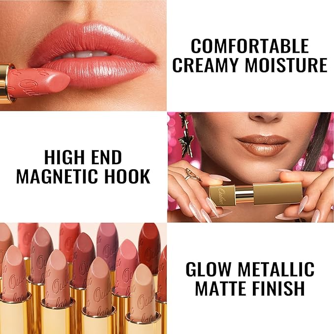 Oulac Coral Matte Lipstick with Glow Metallic Finish - Vegan Lipstick for Women, Creamy Texture, Hydrating Clean Beauty Formula, High-End Magnetic Hook Design, GM12 Celestial