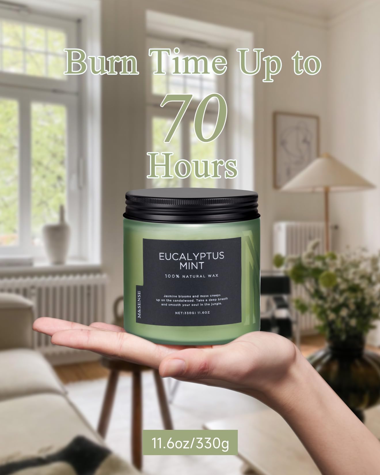 M&SENSE Eucalyptus & Mint Soy Candles for Home Scented, 11.6oz 70 Hour Burn Aromatherapy Candle Gift for Stress Relief, Meditation, Yoga, Relaxing SPA, Reusable Jar for Men and Women