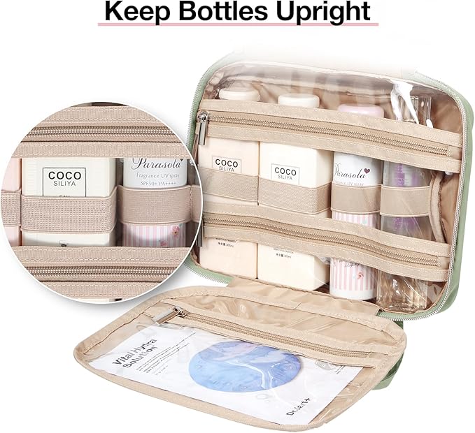 BAGSMART Toiletry Bag Hanging Travel Makeup Organizer with TSA Approved Transparent Cosmetic Bag Makeup Bag for Full Sized Toiletries, Large-Green