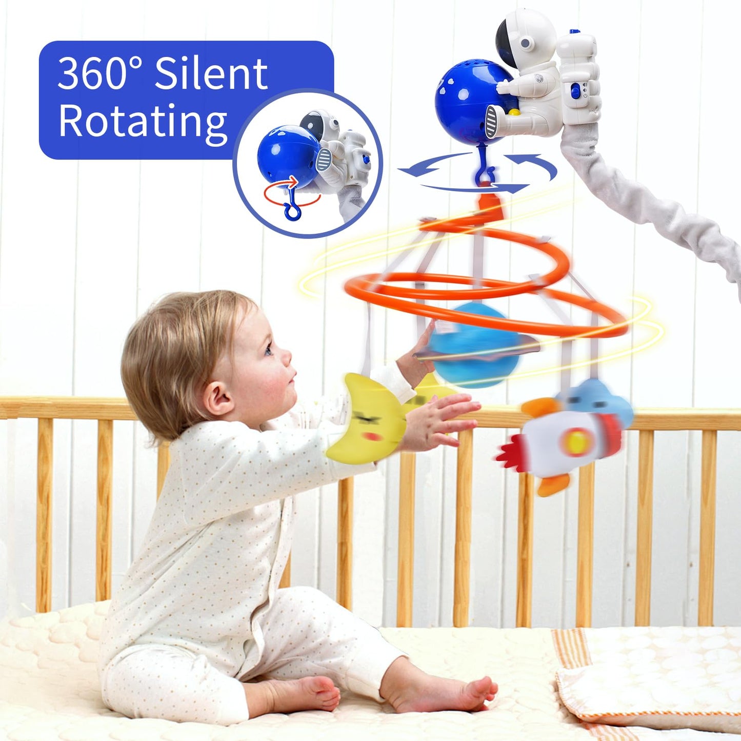 Baby Crib Mobile with Music and Lights, Space Baby Mobile for Crib with Remote Control, Spaceman Nursery Decor Hanging Plush Crib Toys for Newborn Boys and Girls Infant Babies 0-6-12 Months