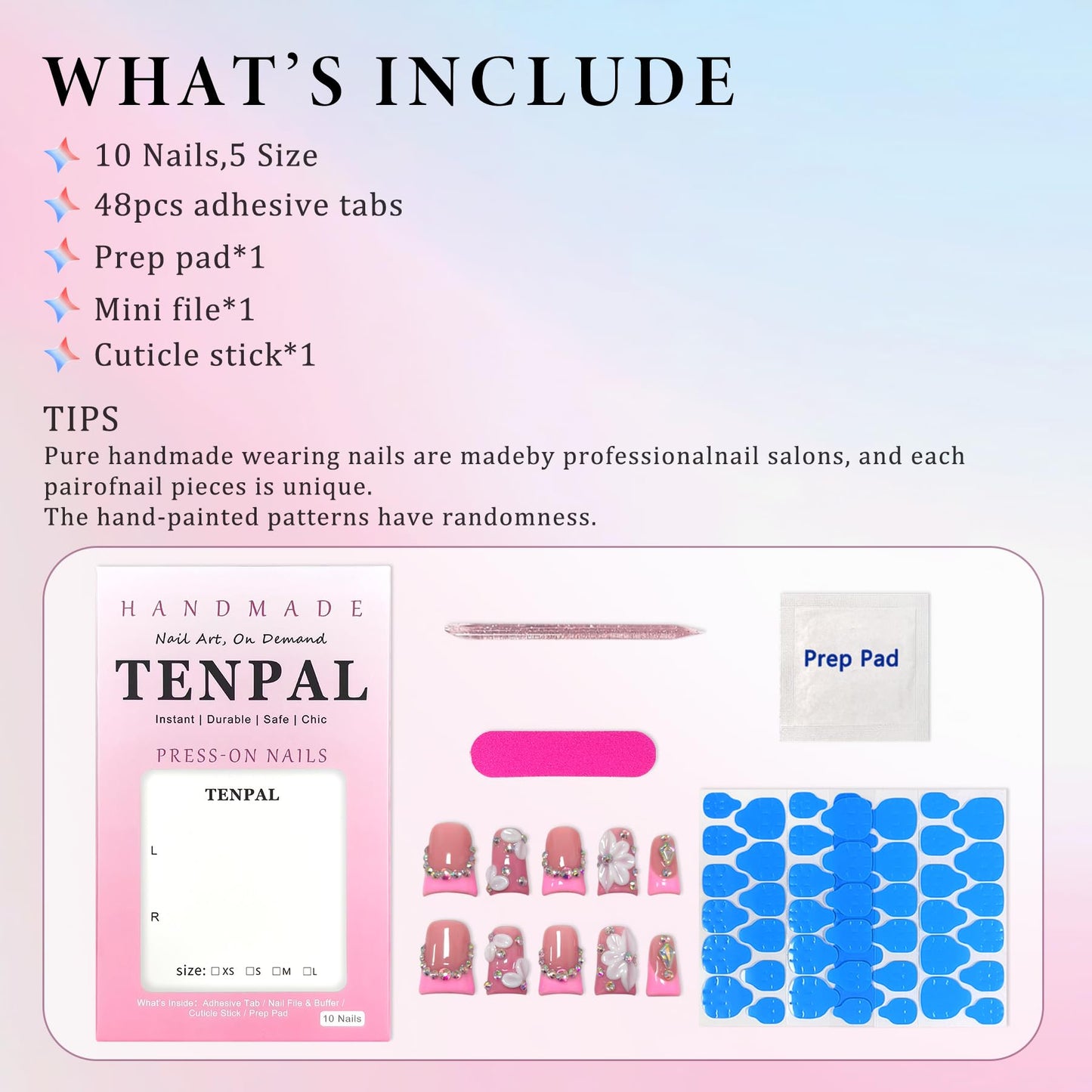 TENPAL Duckbill Shape Handmade Press On Nails Kit,Pink French Floral Nails with 3D Flowers Diamond Designs,Glazed Donut Nude Pink Fake Nails with Tools,Elegant French Tip Duckbill Nails with Gems(L)